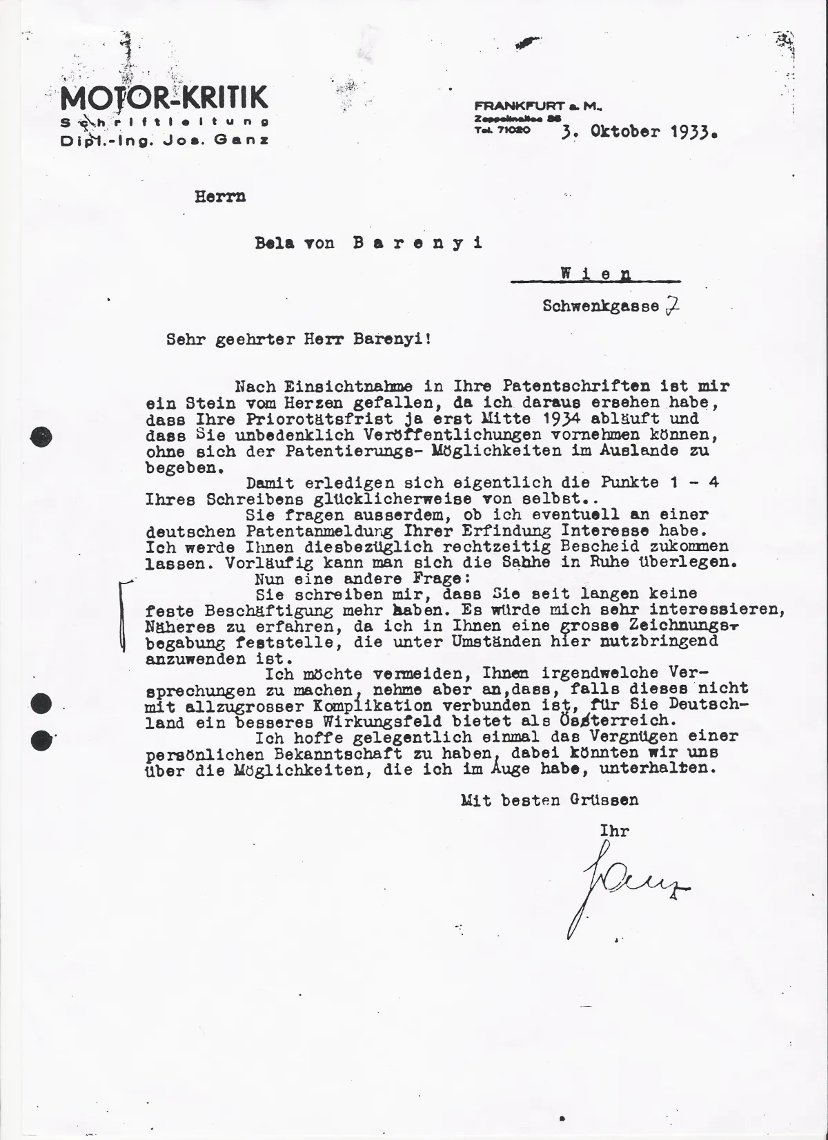 Letter from Josef Ganz to Béla Barényi, 3 October 1933